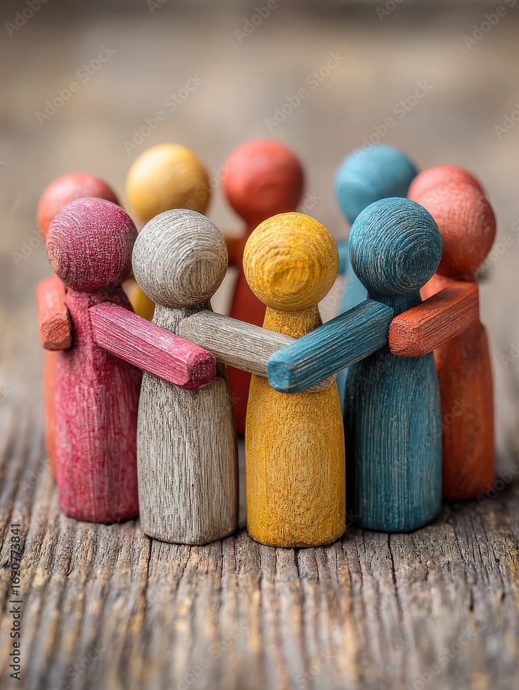 Poster colorful wooden figures representing diversity and teamwork, standing together on a wooden surface e