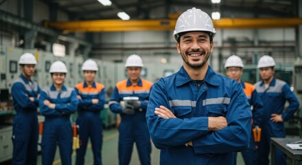 A diverse team of skilled engineers and technicians posing confidently in a modern manufacturing facility