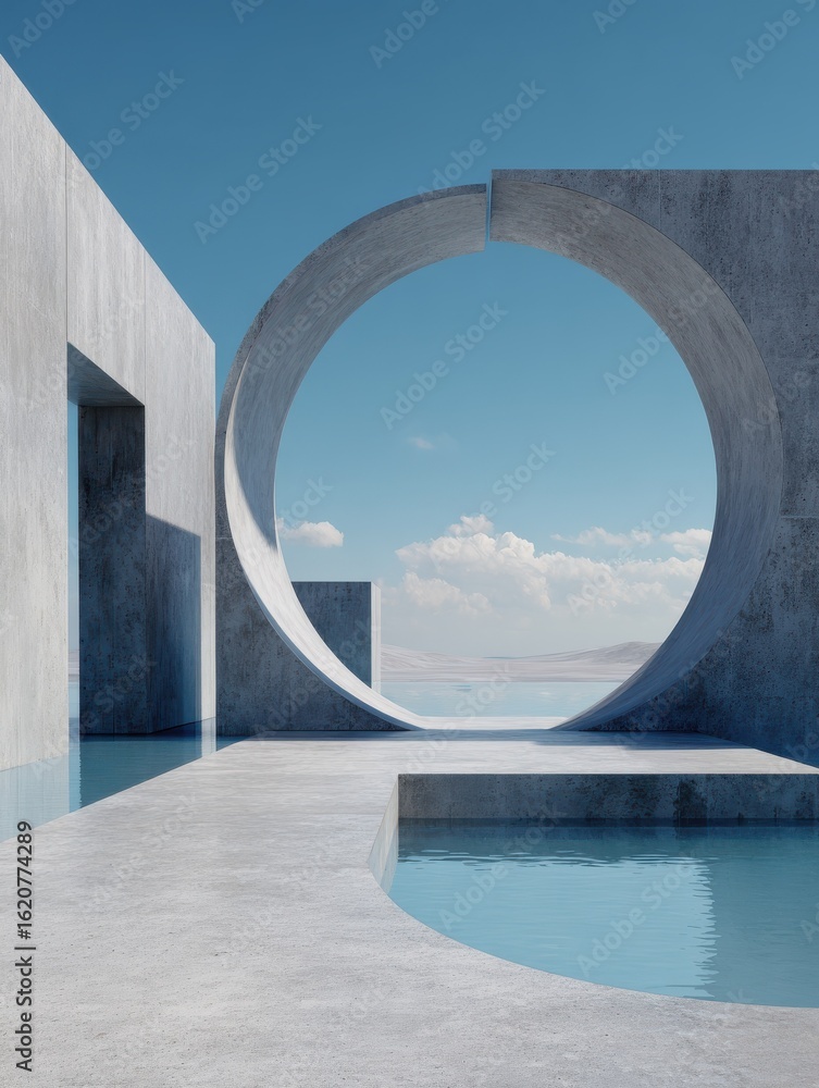 Poster abstract modern architecture with concrete structures and reflective pool under a clear sky showcasi