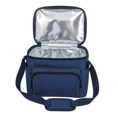 Stylish blue insulated cooler bag with open lid perfect for picnics, travel and keeping food fresh on the go ready for summer fun.