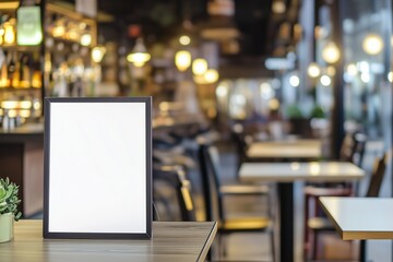 Mockup label, blank menu frame in Bar restaurant. Stand for booklets with white sheets paper in cafeteria blurred background
