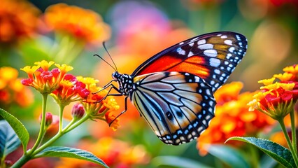 Obraz premium Butterfly's Grace: Captivating a vibrant butterfly, its wings adorned with intricate patterns, delicately perched amidst a lush array of colorful flowers.