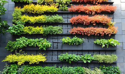 Vertical garden design colorful plants in grid pattern on dark wall