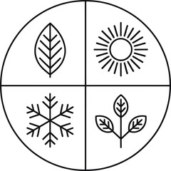 Round Seasons Icon Leaf, Sun, Snowflake, Tree Branch in White Background