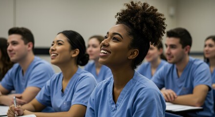 Diverse group of young medical students actively engaged in a classroom learning session