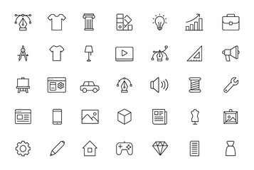 Design icon set featuring editable strokes and vector illustrations related to, architecture, branding, multimedia, fashion, interior, marketing, business, creativity and more.