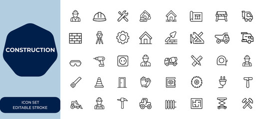 construction projects icon set. Editable stroke vector set featuring detailed construction-related icons. Second edition of vector illustration, building, industry and more.