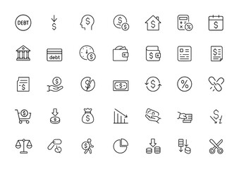 debt icons set with editable strokes. Vector illustration set featuring finance, banking, credit, mortgage, loan, payment, budget, expense, currency, cash, business and more.