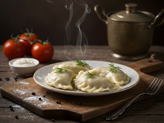 Traditional pierogi: freshly cooked pierogi with dill, served with sour cream and tomatoes.