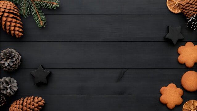 holiday cookies pinecones black background festive winter flatlay decor