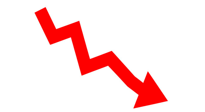 Red arrow pointing downwards, symbolizing decline and loss, isolated on white background