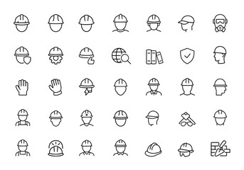 helmet icon set, hard hat, and headwear. Editable stroke vector illustration. Safety gear, construction protection, professional equipment, worker tools and more.