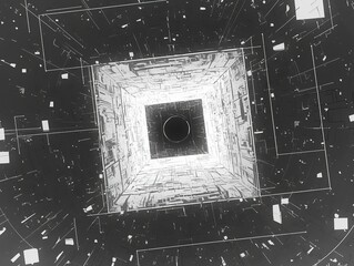 Abstract Glowing Geometric Tunnel on Black Background, Symmetrical 3D Space with Neon Lighting and Kinetic Depth
