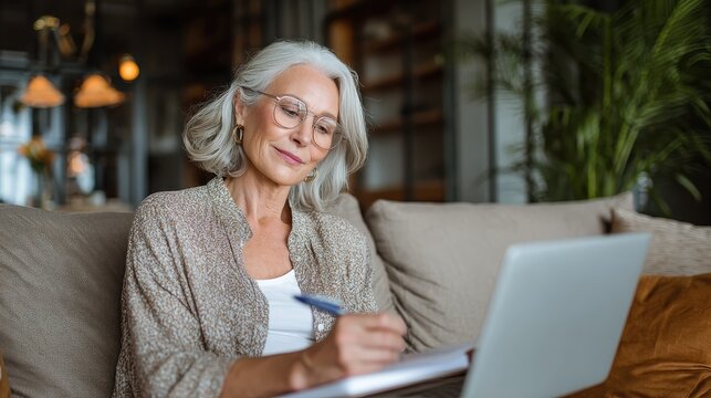 Happy stylish mature old woman remote working from home distance office on laptop taking notes. Smiling 60s middle aged business lady using computer watching webinar sit on couch writing in notebook.
