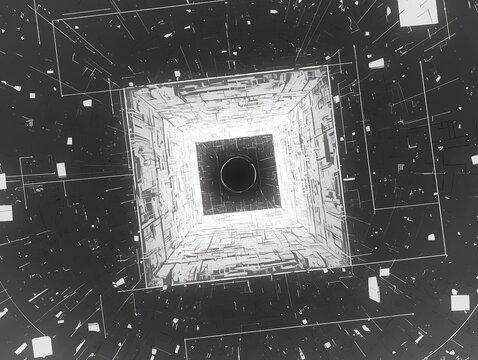 Abstract Glowing Geometric Tunnel on Black Background, Symmetrical 3D Space with Neon Lighting and Kinetic Depth
