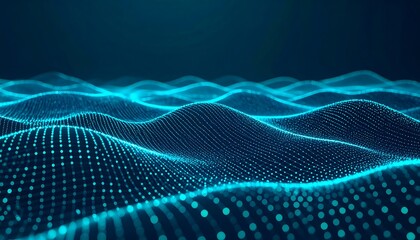 Abstract glowing blue digital landscape of interconnected data points forming flowing waves and futuristic terrain