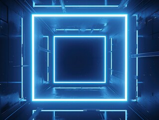 Abstract Glowing Geometric Tunnel on Black Background, Symmetrical 3D Space with Neon Lighting and Kinetic Depth
