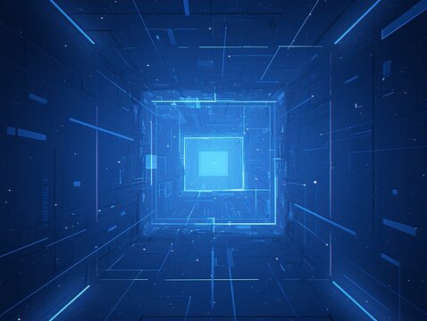 Abstract Glowing Geometric Tunnel on Black Background, Symmetrical 3D Space with Neon Lighting and Kinetic Depth
