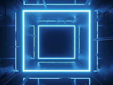 Abstract Glowing Geometric Tunnel on Black Background, Symmetrical 3D Space with Neon Lighting and Kinetic Depth
