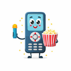Remote control with Popcorn: A playful illustration of a remote control character, joyfully holding a microphone and a bucket of popcorn. This creative concept, suitable for digital art.