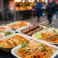 Obraz premium chinese food on the table Asian Street Food in Paper Trays with Chopsticks
