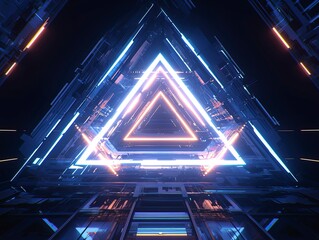 Abstract Glowing Geometric Tunnel on Black Background, Symmetrical 3D Space with Neon Lighting and Kinetic Depth
