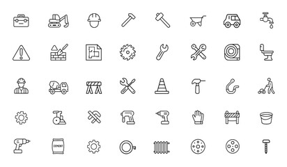 construction tools and equipment icon set Linear editable stroke. Third outline set. Vector illustration of industry, safety, building, engineering, renovation and more.