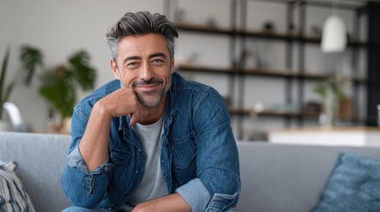 Fototapeta premium Portrait of handsome mature man relaxing on couch at home while looking at camera. Mixed race man in casual clothing sitting on sofa and smiling with copy space. Successful happy middle eastern guy.,