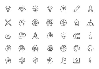 Creative and innovation line icon set featuring teamwork and invention concepts. Editable outline stroke collection. Vector illustration for design, idea, collaboration, inspiration and more.