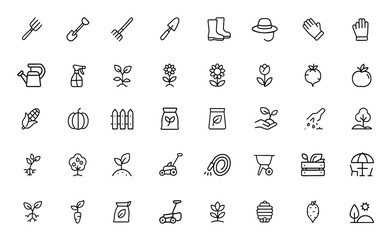 farming  icon set, gardening, landscaping, and cultivation. Vector illustration with stroke editable. Includes tools, plants, flowers, and backyard equipment and more.
