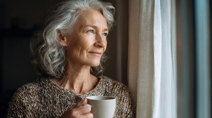 Senior woman at the window holding a cup of coffee, no logos, no brands