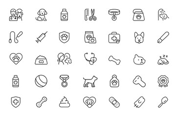 Outline set of linear dog care icons with editable stroke. Vector illustration collection featuring veterinary, puppy, grooming, accessory, hygiene, leash, vaccination, pet, food, medical, pharmacy