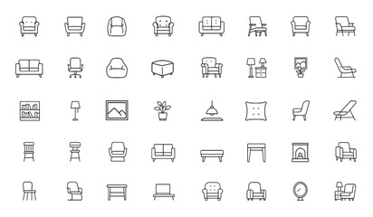 Plakat Classic vintage armchair icon set for modern apartment interior, comfortable leather couch and home office furniture decor, stylish cabinet, room seating, luxury rest design, business art and more.
