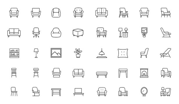 Naklejki Classic vintage armchair icon set for modern apartment interior, comfortable leather couch and home office furniture decor, stylish cabinet, room seating, luxury rest design, business art and more.