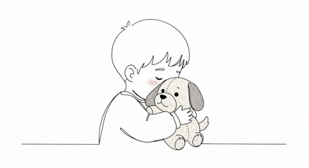 Illustration of a boy, affectionate, hugging a stuffed dog toy in black and white