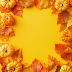 Fototapeta premium Autumn leaves and pumpkin concept frame border with yellow orange colour