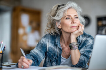 A thoughtful woman considers her thoughts while writing in a bright, inviting workspace in the afternoon