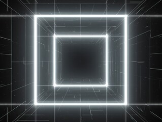 Abstract Glowing Geometric Tunnel on Black Background, Symmetrical 3D Space with Neon Lighting and Kinetic Depth
