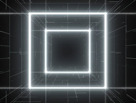 Abstract Glowing Geometric Tunnel on Black Background, Symmetrical 3D Space with Neon Lighting and Kinetic Depth
