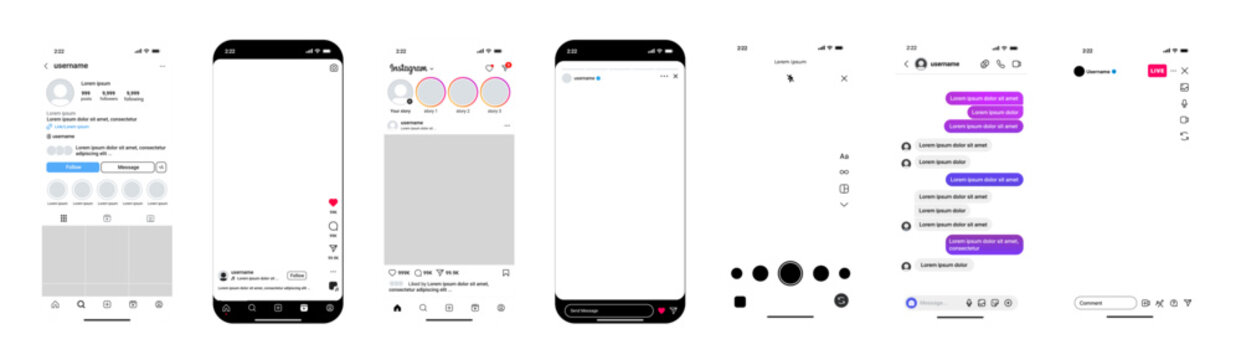 Instagram layout mockup with reels, stories, posts, grid, livestream, and direct messenger in Frames.
