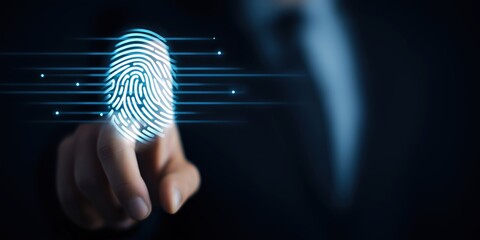 Biometric Security Concept – Faceless Man Presenting Glowing Fingerprint Scan Icon, Symbolizing Secure Login, Identity Verification, and Digital Access on Futuristic Tech-Themed Background

