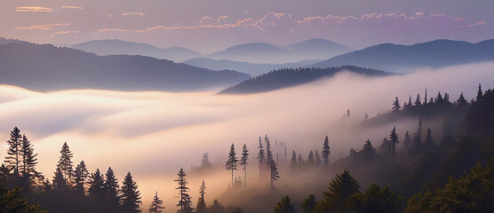 Fog-draped hillside with scattered pine trees and a pale lavender sunrise behind