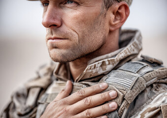 A soldier stands solemnly, hand on heart, reflecting emotions at a ceremony in a dry landscape