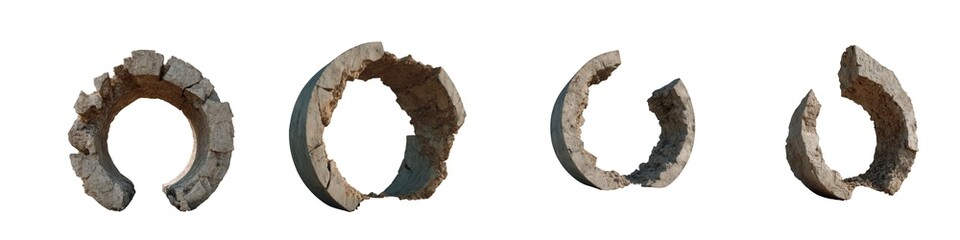 Four ancient bronze age tools or artifacts showing signs of wear and age isolated on transparent background