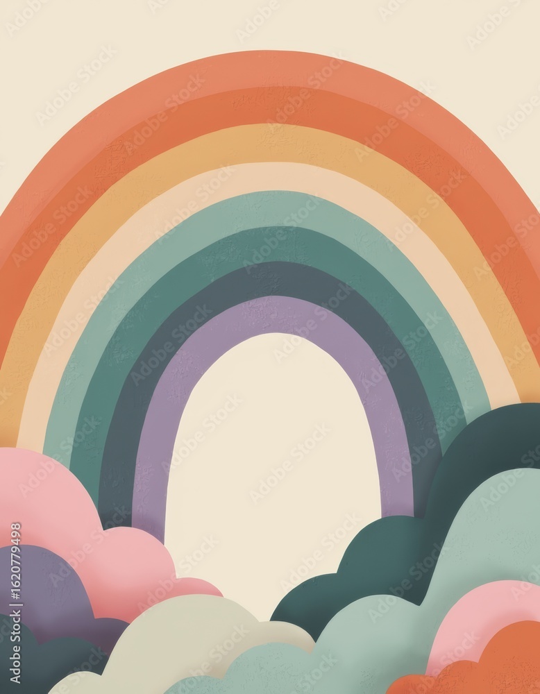 Poster abstract rainbow illustration with vibrant color spectrum arcs and soft clouds