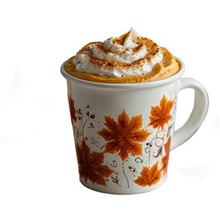 Pumpkin spice latte with whipped cream in a fall themed mug on black