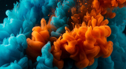 Vibrant orange and blue ink swirling in water, creating a dynamic abstract explosion of colorful liquid clouds.