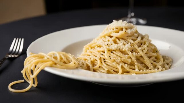 A delicious plate of spaghetti cacio e pepe with grated parmesan cheese and black pepper. Gourmet Italian pasta dish served in a white bowl.