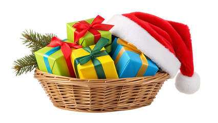 Festive Christmas gifts in a basket with Santa hat, perfect for holiday promotions and seasonal campaigns