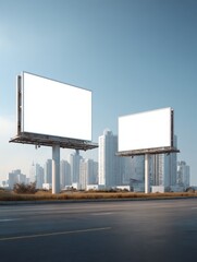 Fototapeta premium Blank outdoor advertising billboards and signs on the road and in the city with blue sky